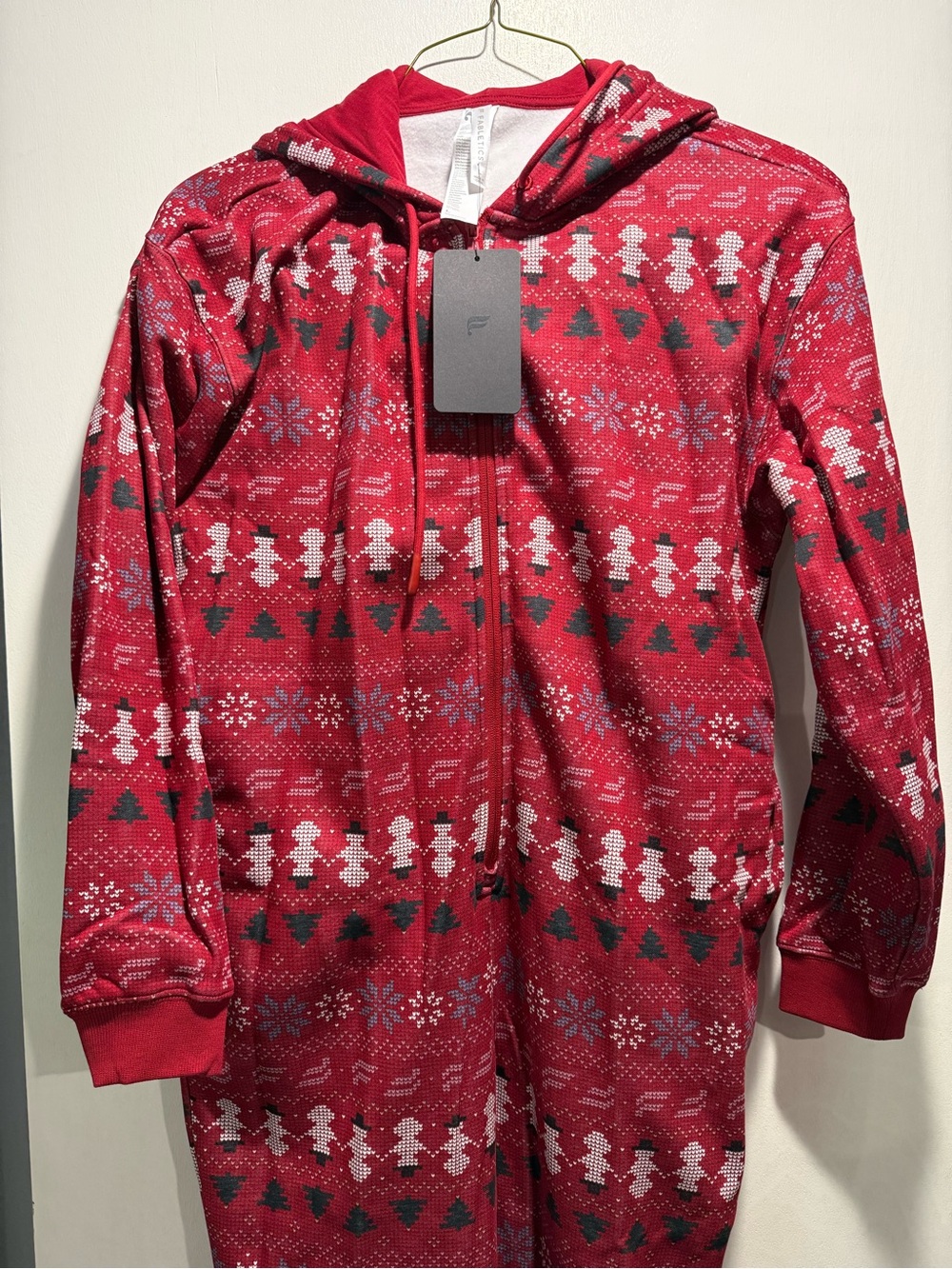 Fabletics Red Holiday Hooded Onesie Pajama with Snowman & Tree Pattern